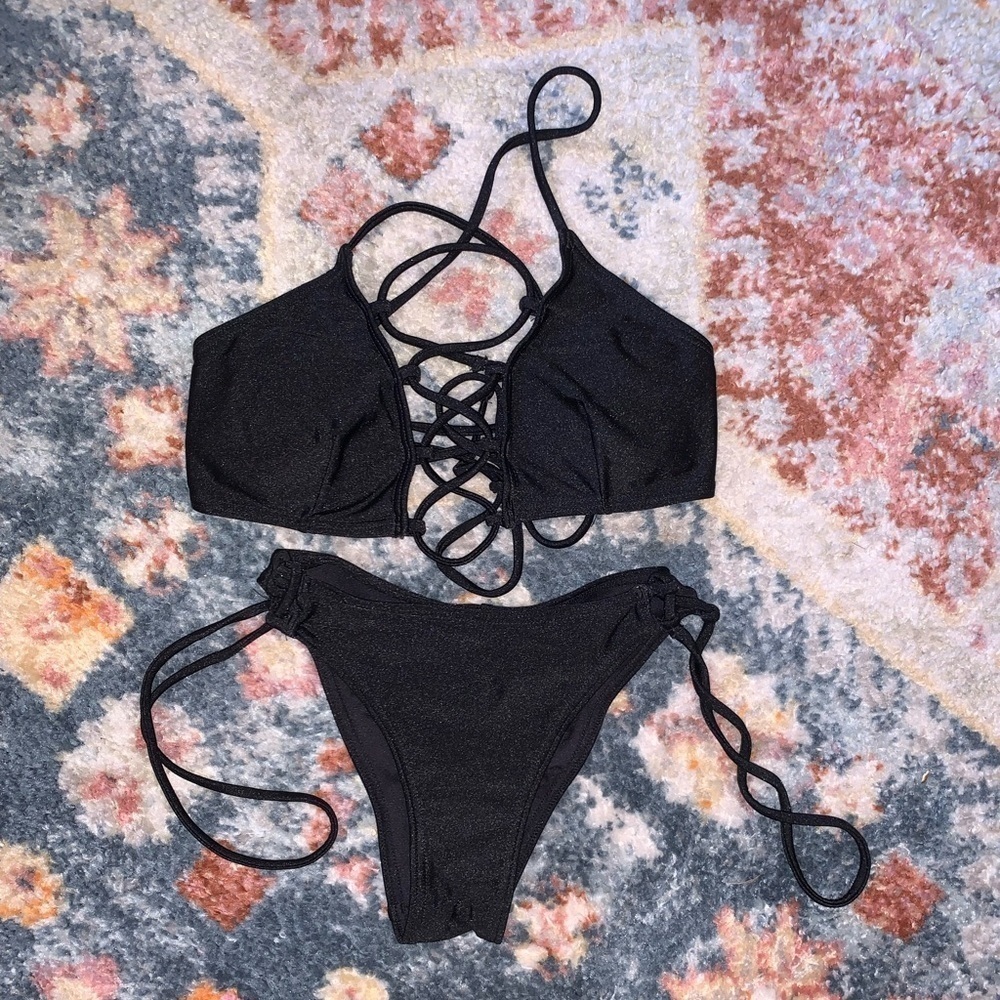 Oh La La Cherie Paris Black Lace Up Crisscross Bikini Set  XS